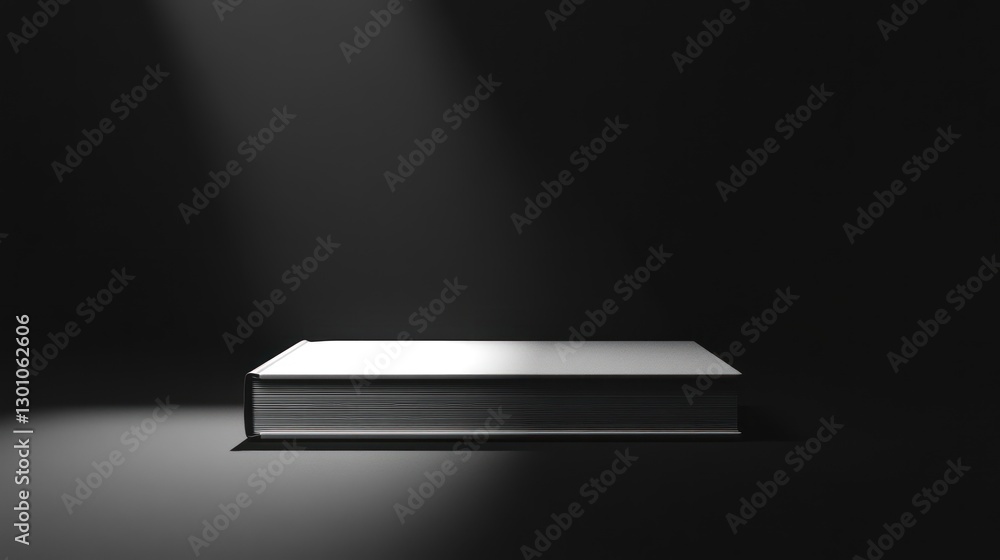 A single, thick, blank book illuminated by a spotlight on a dark surface. A single, thick, blank book illuminated by a spotlight on a dark surface.
