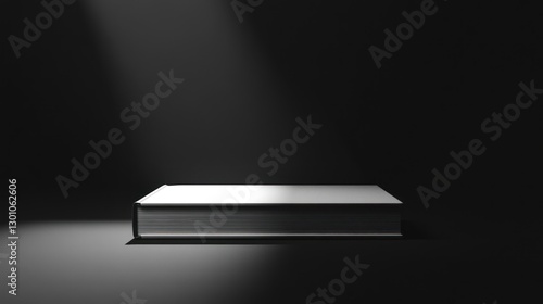 A single, thick, blank book illuminated by a spotlight on a dark surface.