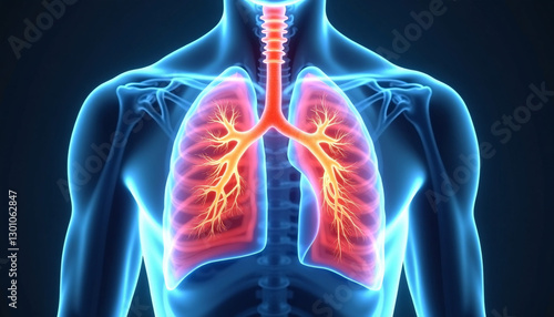 Photorealistic lung visualization with inflammation and obstruction in dark blue medical background