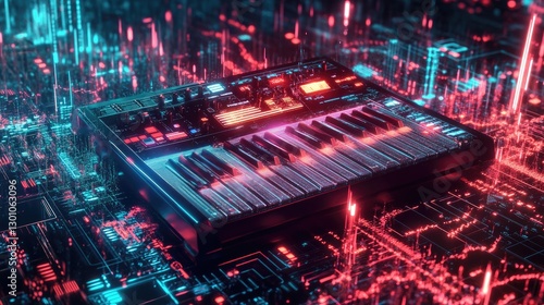 Neon synthesizer in a digital futuristic environment with glowing circuit elements and vibrant colors. Generative AI