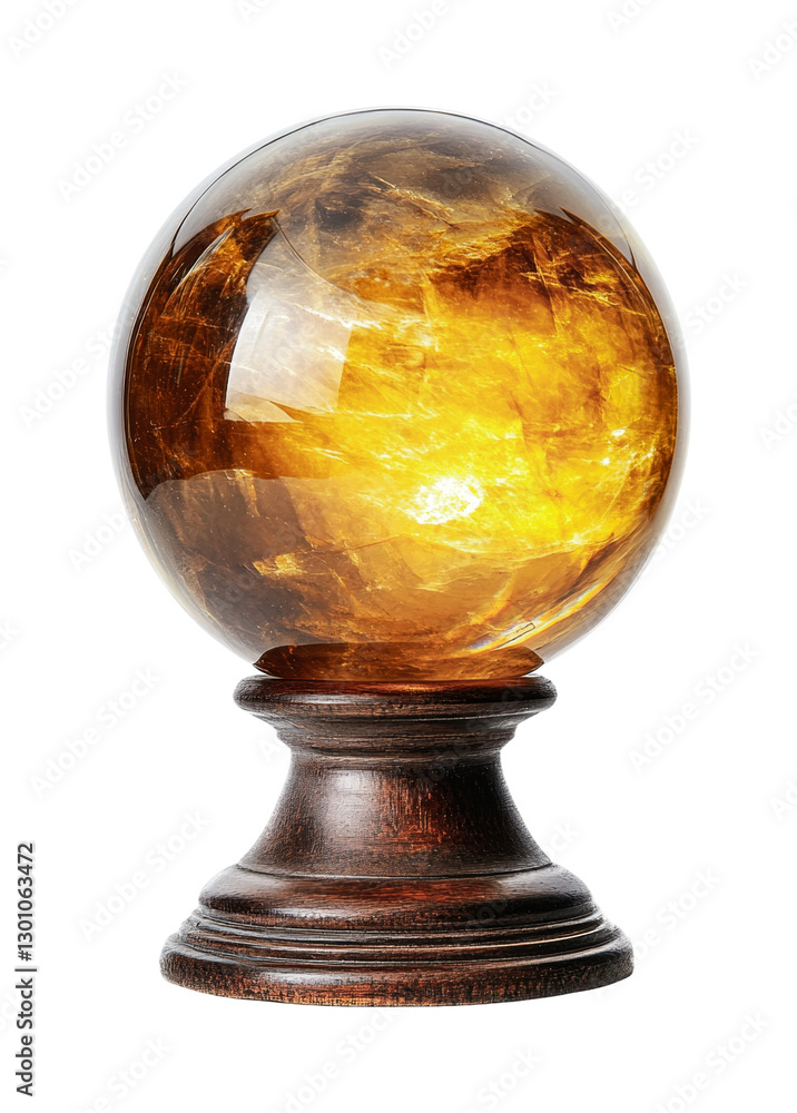 Unique crystal ball with golden hues on a wooden base for mystical decoration or divination purposes, cut out Unique crystal ball with golden hues on a wooden base for mystical decoration or divination purposes, cut out
