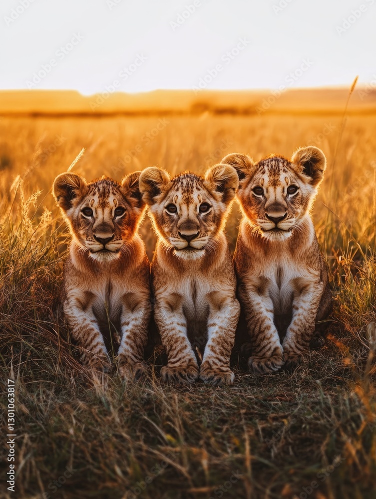 Obraz premium Young lions on grassy field