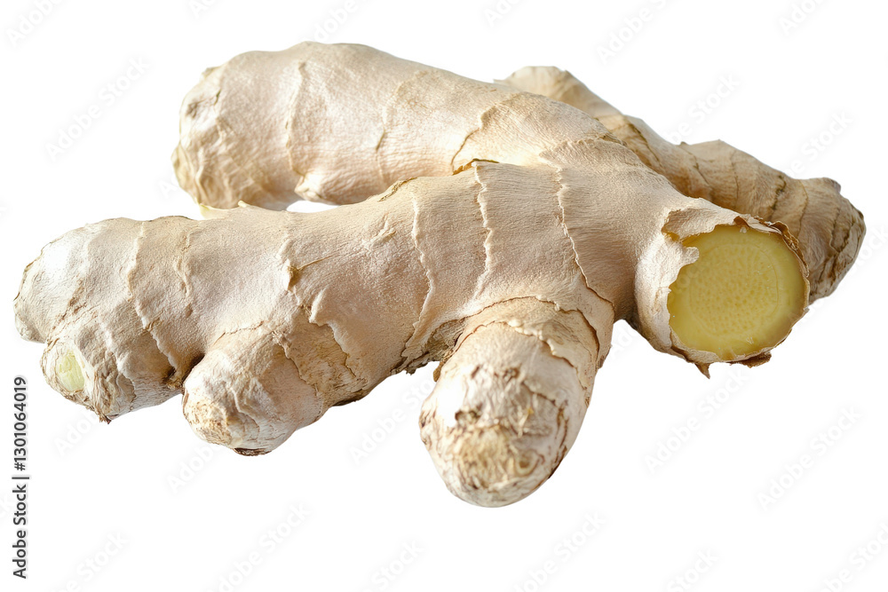 Fototapeta premium A fresh ginger root with rough, knotted skin, isolated on transparent background, PNG