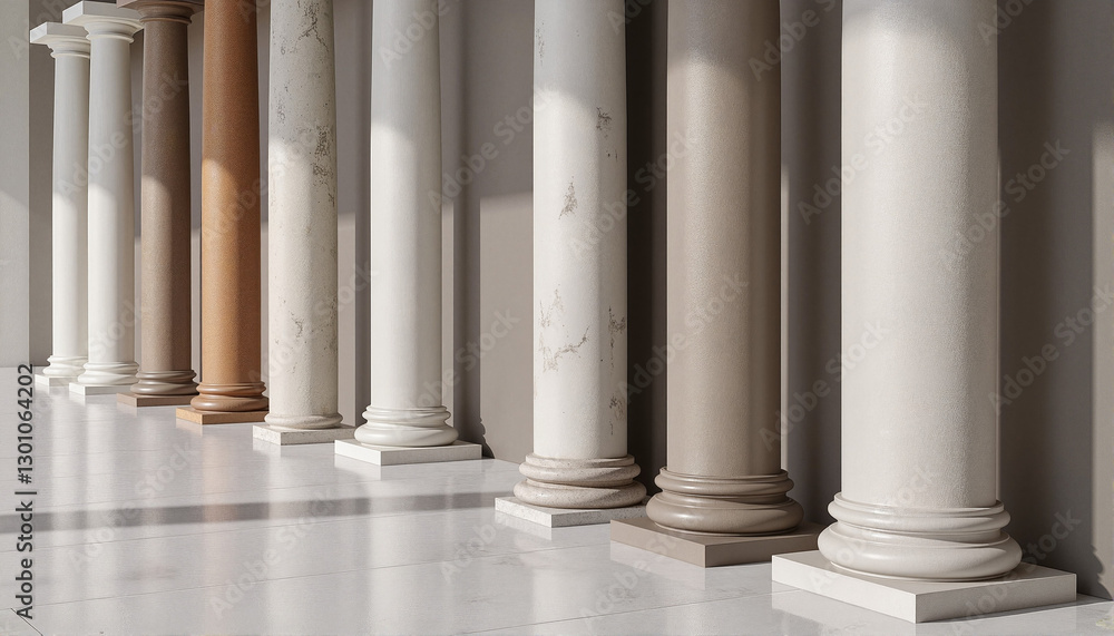 Stylish columns in various colors and textures arranged in a modern architectural space Stylish columns in various colors and textures arranged in a modern architectural space