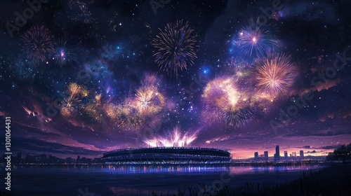 Vibrant fireworks explode over a stadium at night, reflecting on the water.