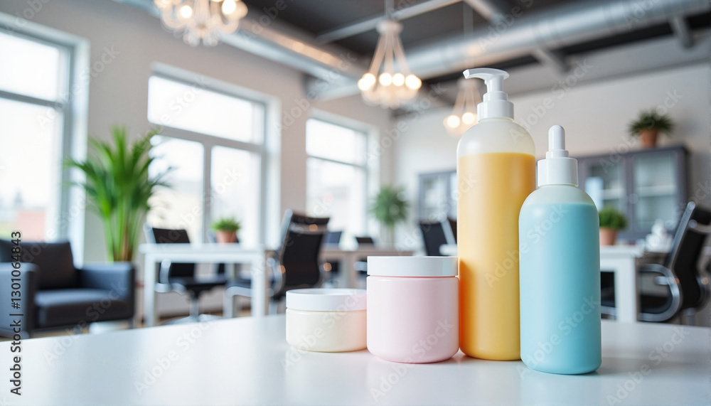 Colorful cosmetic bottles on a clean table in a modern workspace for beauty blogs, product websites, marketing materials, skincare presentations, and promotional content Colorful cosmetic bottles on a clean table in a modern workspace for beauty blogs, product websites, marketing materials, skincare presentations, and promotional content