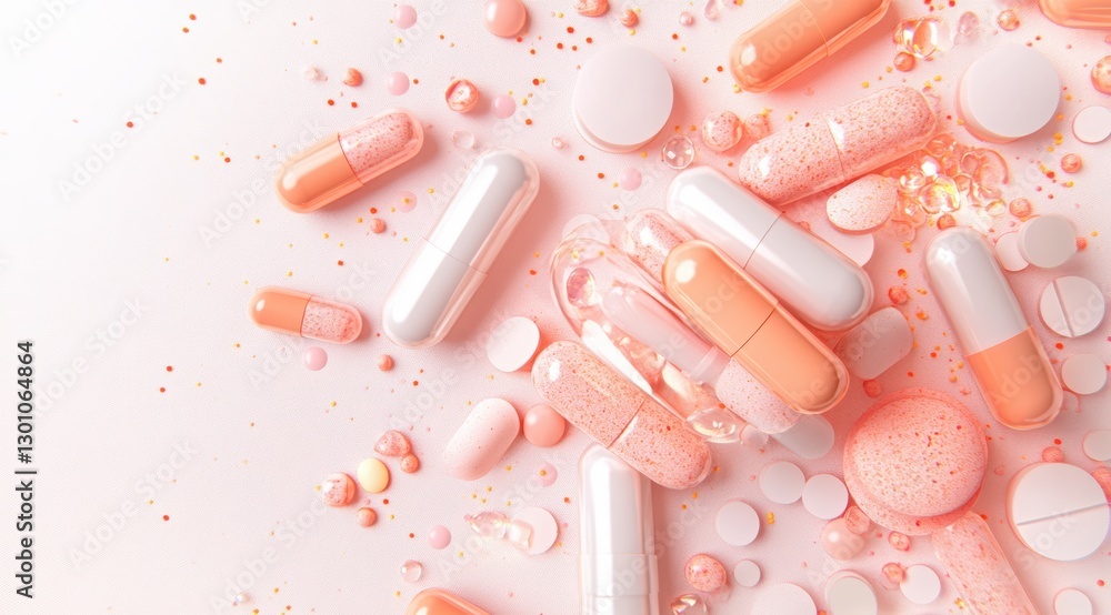 olorful capsules and tablets are spread across a white surface, featuring different shapes and sizes olorful capsules and tablets are spread across a white surface, featuring different shapes and sizes