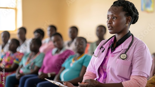 Wallpaper Mural A healthcare professional sits attentively in a clinic, surrounded by a group of women, some of whom are pregnant, highlighting community health education. Torontodigital.ca