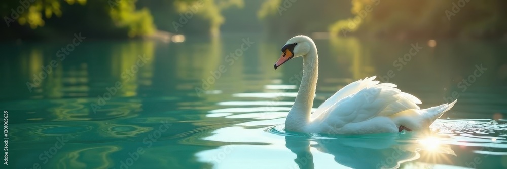 Obraz premium Sunny morning, swan on crystal clear Altausseer See , outdoor, travel