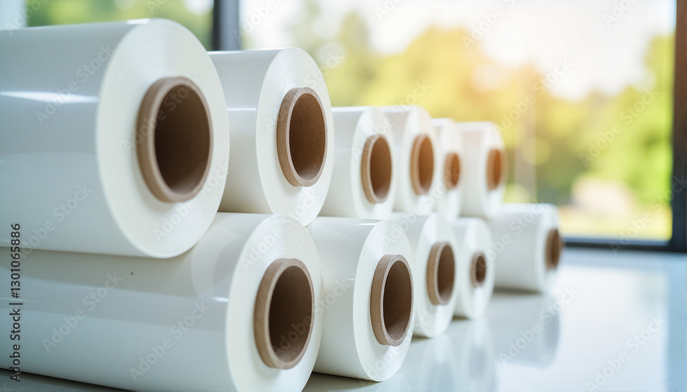 Rolls of white paper on a work surface for blogs, websites, printing designs, packaging materials, educational resources, stationery, and digital art projects Rolls of white paper on a work surface for blogs, websites, printing designs, packaging materials, educational resources, stationery, and digital art projects