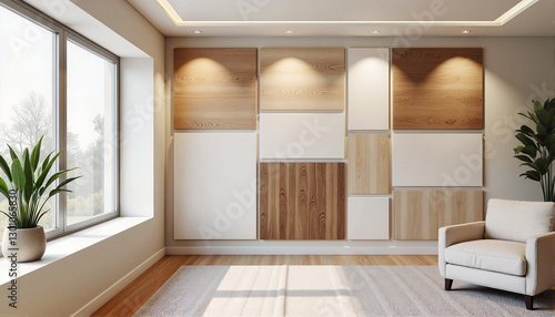 Wallpaper Mural Modern interior featuring wooden wall panels and a cozy chair for design blogs, home décor websites, furniture catalogs, real estate presentations, and interior design inspiration Torontodigital.ca