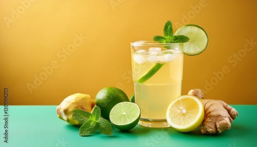 refreshing lemonade with fresh ginger and lime on a vibrant background