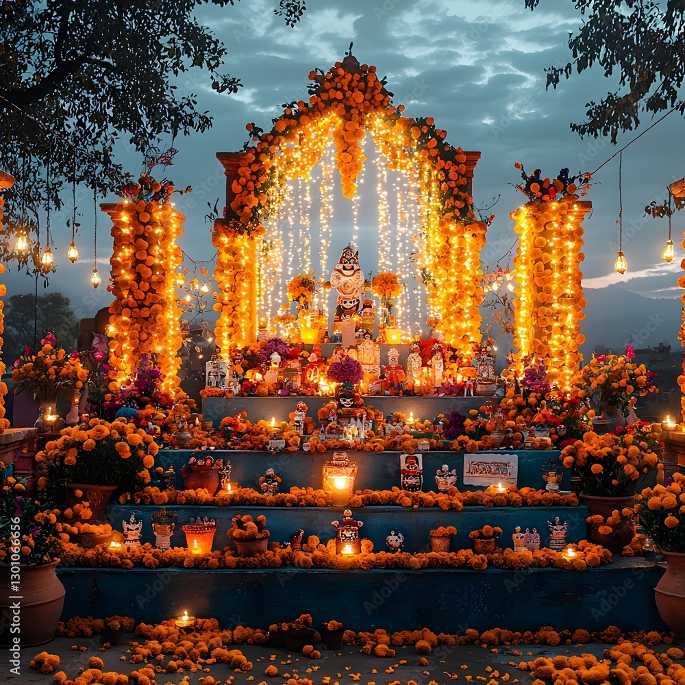 Obraz premium Glowing Family Altar with Marigold Garlands and Twinkling Lights at Night for Vibrant Day of the Dead