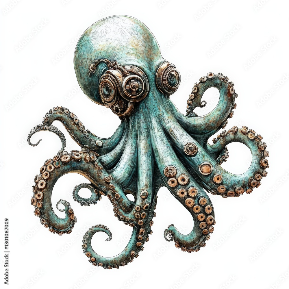 Fototapeta premium a quirky octopus clipart, ocean creature element, steampunk style, metallic tones, isolated on white background