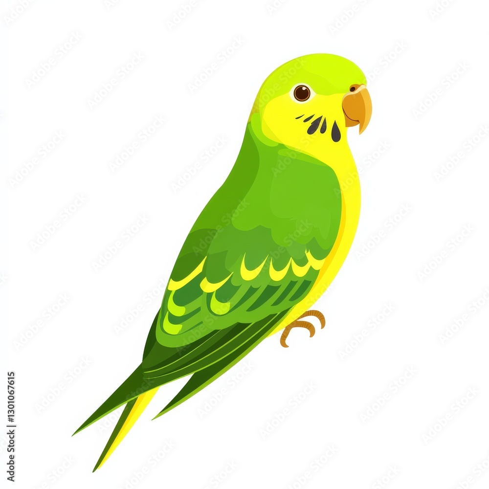 Fototapeta premium a playful parakeet clipart, pet bird element, flat design, bright green and yellow, isolated on white background