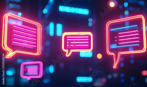 Neon Communication Bubbles in Urban Nightscape with Glowing Lights