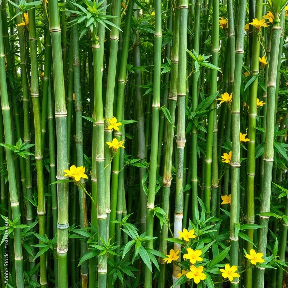 Fototapeta premium bamboo stalks with green tips, lush green leaves and yellow flowers, plants, green