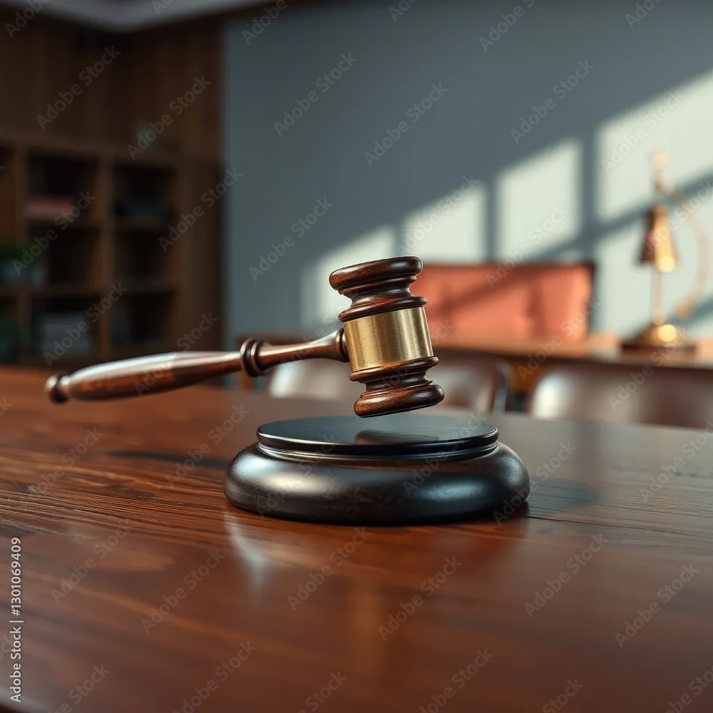 Balanced gavel resting on a large, polished wood desk, disability rights, harmony Balanced gavel resting on a large, polished wood desk, disability rights, harmony