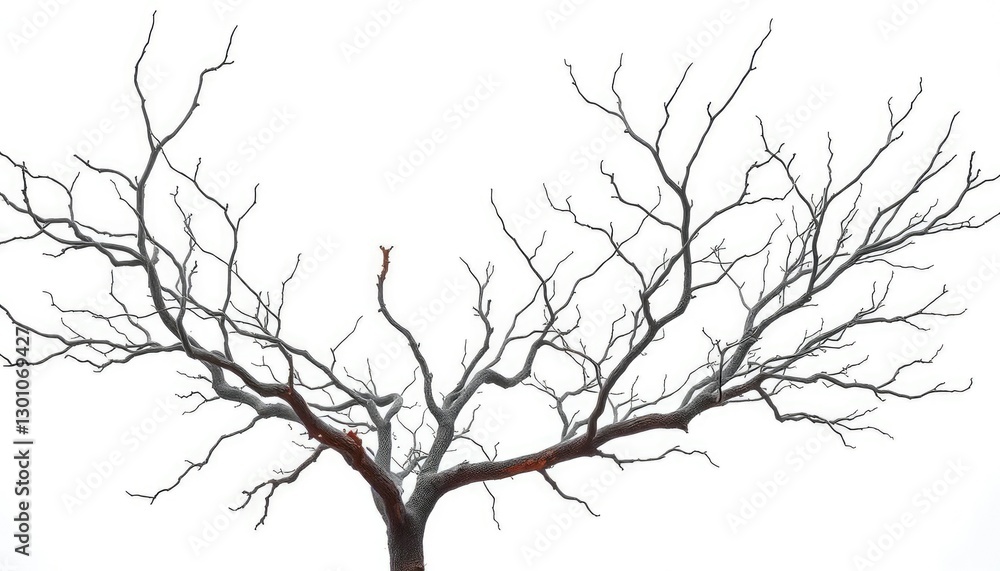 Fototapeta premium Bare, gnarled branches stark against a pure white backdrop, winter, texture