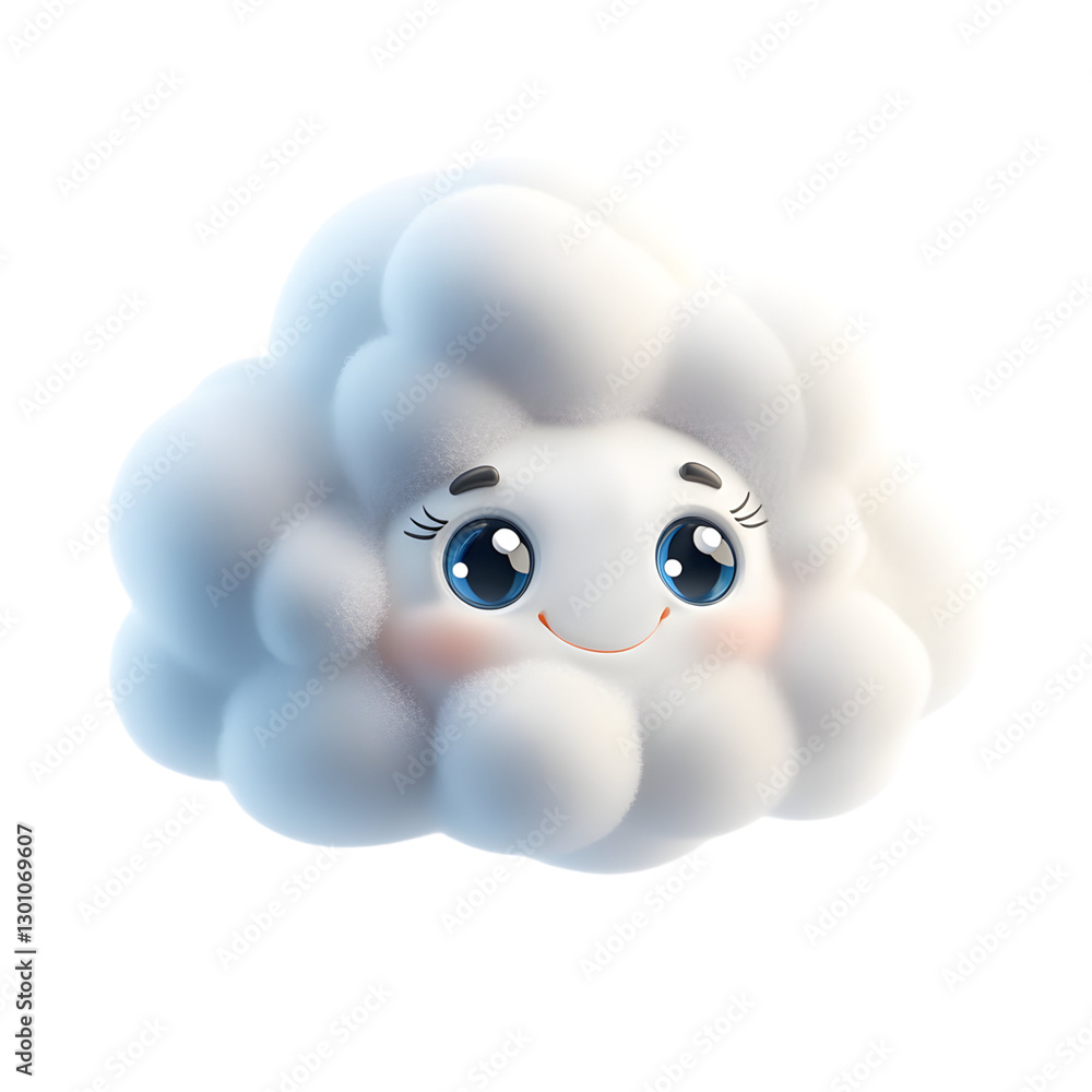 A Fluffy 3D Cartoon Cloud with Smiling Eyes Drifting Isolated on Transparent Background A Fluffy 3D Cartoon Cloud with Smiling Eyes Drifting Isolated on Transparent Background