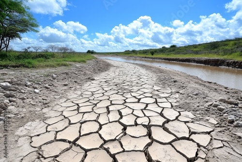 A parched riverbed with cracked mud, once a thriving source of water, now dried up photo