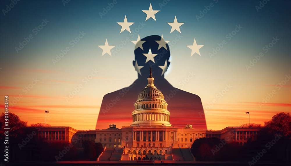 Obraz premium Capitol Building Silhouette with Flag Stars 