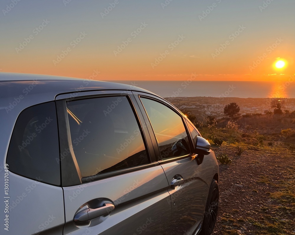 Obraz premium car, sunset, mountains