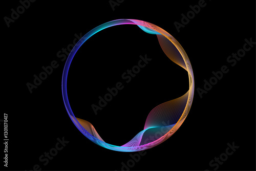 Abstract round frame with circle wave lines pattern in neon gradient colors isolated on black background with copy space. Vector design template for AI, futuristic technology banner, music poster