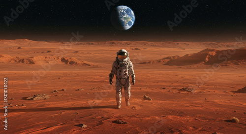 First Steps: Astronaut on Mars with Earth in View
