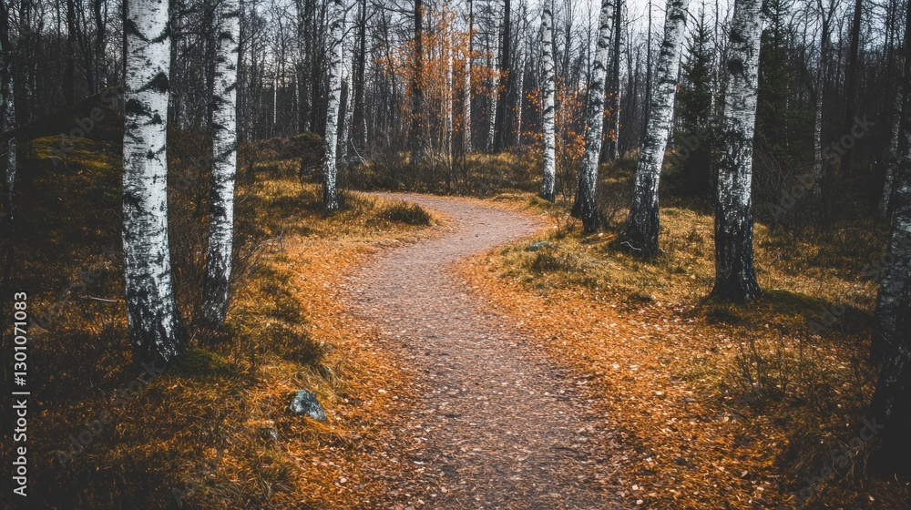 Walking Path Through Birch Trees Forest in Autumn with Fallen Leaves Walking Path Through Birch Trees Forest in Autumn with Fallen Leaves