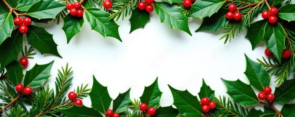 Fresh evergreen branches forming a festive holly border, Nature, Holiday Season Fresh evergreen branches forming a festive holly border, Nature, Holiday Season