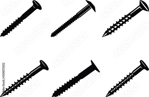 Black color various screws vector with transparent background, various screws silhouette vector, various screws line art vector illustration set