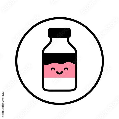 A cute circular icon featuring a baby bottle with a smiling face, representing maternal care and nurturing. Ideal for parenting blogs, baby-related businesses, and Mother’s Day designs.