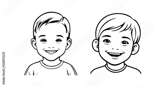 boy smiling in different positions vector outline illustration, smiling boy outline vector illustration from different angles