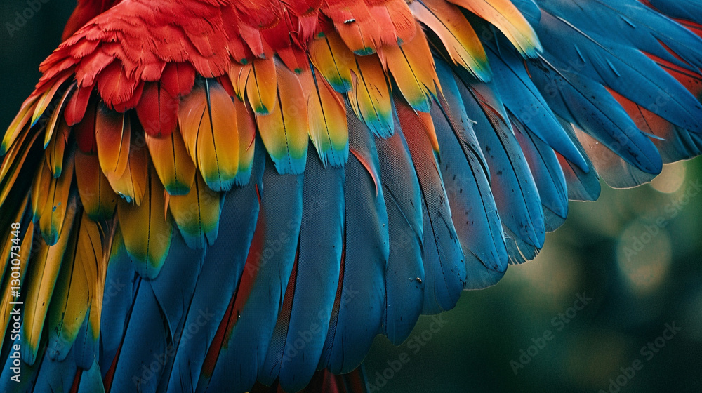 Fototapeta premium A majestic macaw spreading its wings wide against a lush green background