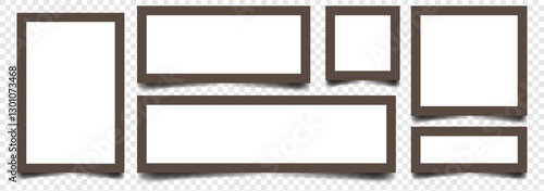 Realistic empty photo frame. Retro vintage white photograph borders with transparent adhesive tape. Snapshot image template, mockup for social media. Vector set. 