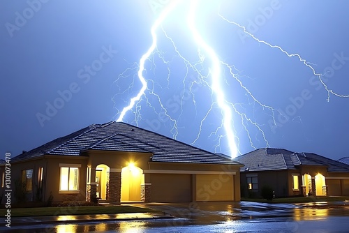 Lightning strikes house, night storm