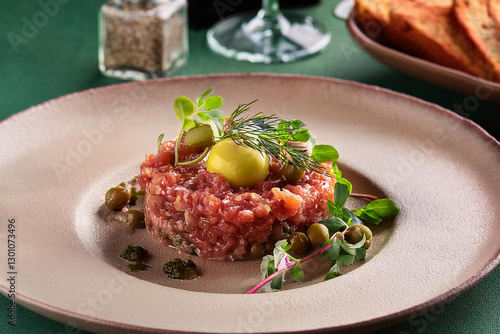 Un plato de res, con carne picada finamente, mezclada con alcaparras, cebolla, perejil y yema de huevo, servido con tostadas crujientes photo