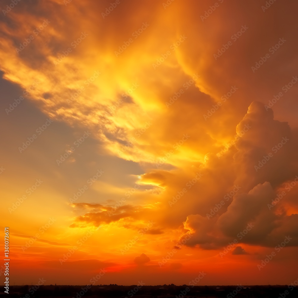 Fiery Sunset Cloudscape Over Distant Landscape Fiery Sunset Cloudscape Over Distant Landscape