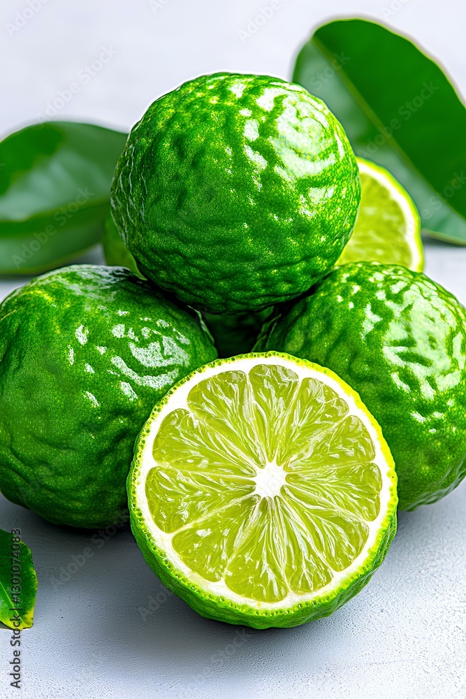 Fototapeta premium A stylish fruit composition featuring fresh green bergamots on a light background, ready for promotional use.