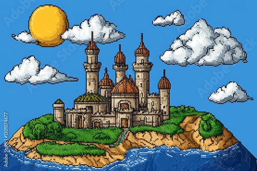 A pixel-art world where different climate zones are depicted in small square biomes