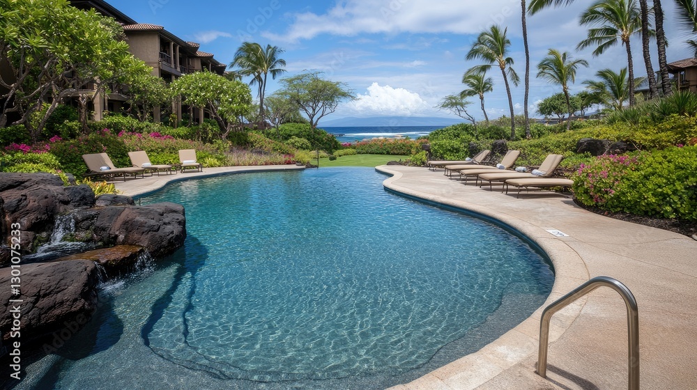 Fototapeta premium A luxury resort pool with lounge chairs and clear blue water, surrounded by lush greenery and palm trees.