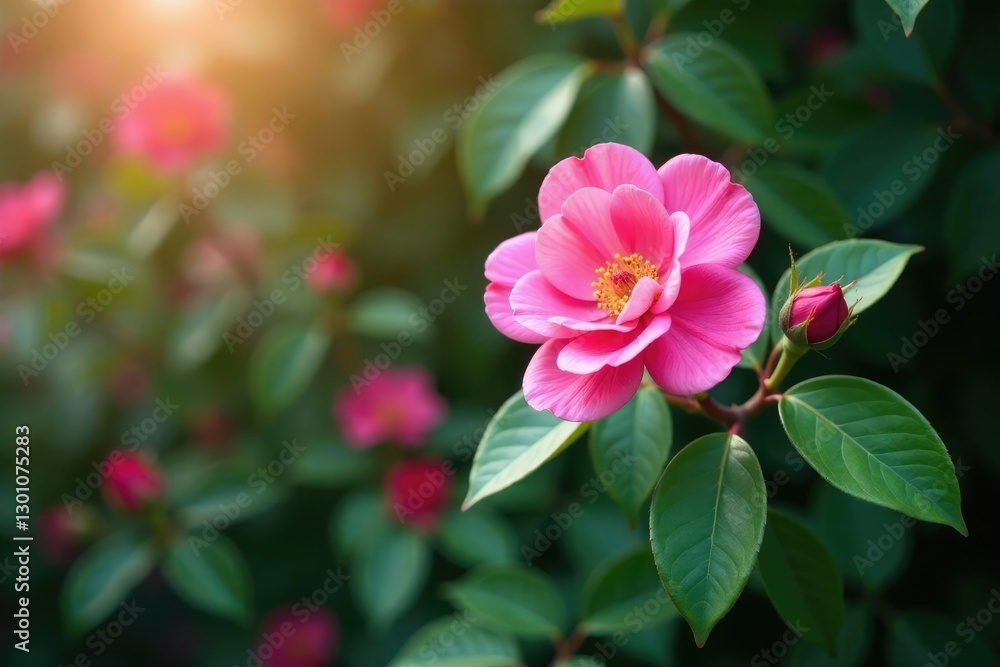 Pink wild rose branch with leaves and flowers, flowering branch, blooming flower, blossoms in pink Pink wild rose branch with leaves and flowers, flowering branch, blooming flower, blossoms in pink