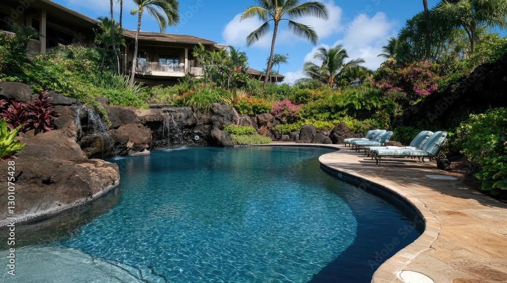 A luxury resort pool with lounge chairs and clear blue water, surrounded by lush greenery and palm trees. A luxury resort pool with lounge chairs and clear blue water, surrounded by lush greenery and palm trees.