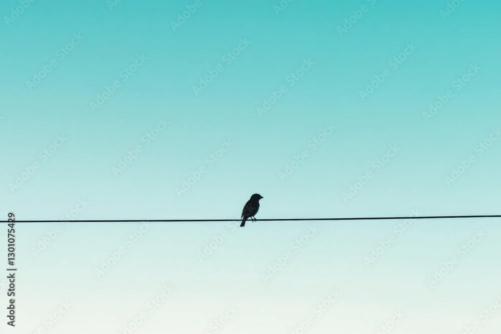 lone silhouette of sparrow perched on thin electric wire stretches across vast clear sky offering ample copy space