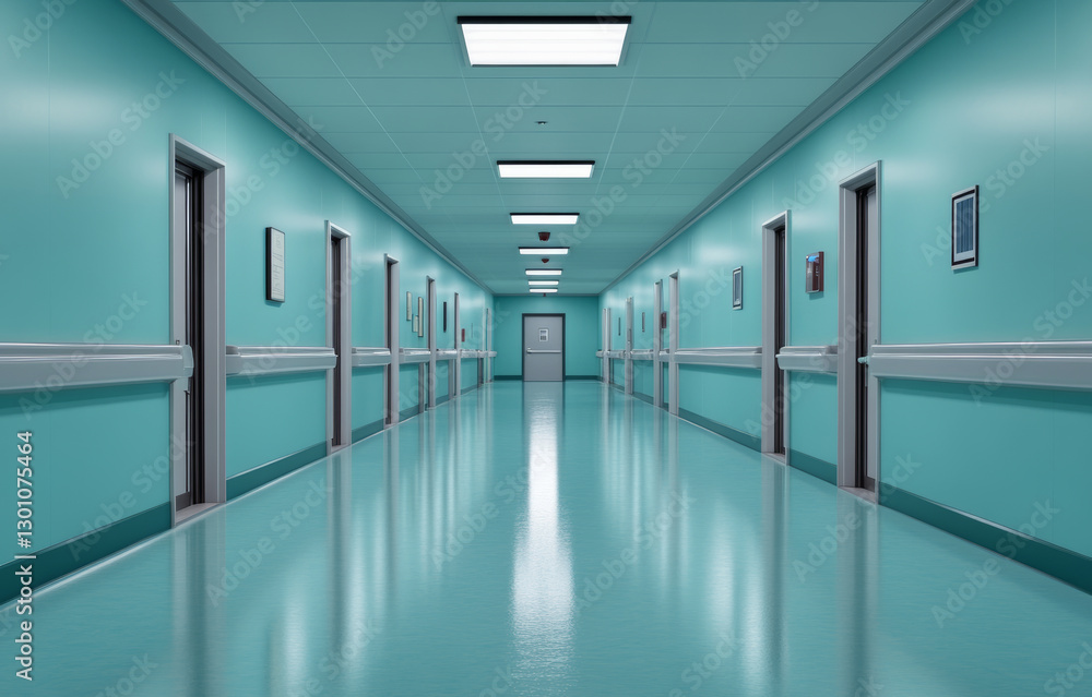 Fototapeta premium A a long, empty hospital corridor. Generative AI
