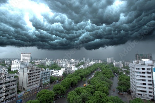 A polluted city skyline covered in dark clouds as acid rain falls, corroding buildings and streets