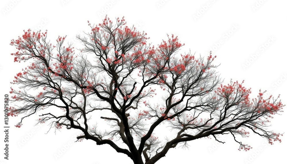 Single deciduous tree, stark branches against pure white, spring, botany Single deciduous tree, stark branches against pure white, spring, botany