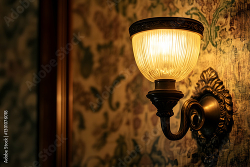 A close-up of an antique brass wall sconce with a glass globe shade, illuminated by warm light in the foreground, set against intricate wallpaper patterns on the walls and ceilings.