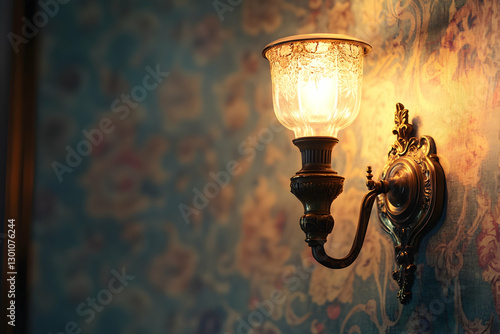 A close-up of an antique brass wall sconce with a glass globe shade, illuminated by warm light in the foreground, set against intricate wallpaper patterns on the walls and ceilings.